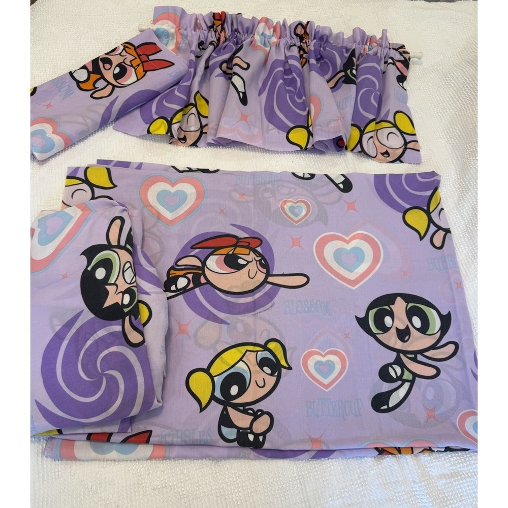 Vtg Y2K Powerpuff Girls Twin Flat & Fitted Sheet Set + 2 Valance Curtains Purple